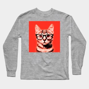 Pop Art Geek Cat in Red Background - Print / Home Decor / Wall Art / Poster / Gift / Birthday / Cat Lover Gift / Animal print Canvas Print Long Sleeve T-Shirt